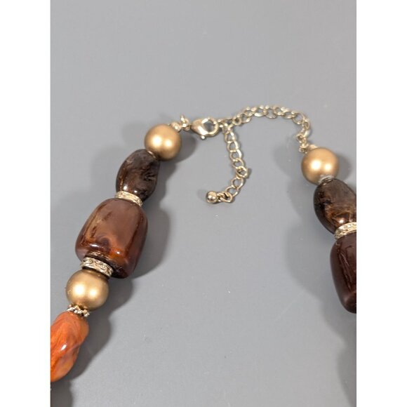 Brown Tigers Eye STone Bead Chunky Statement Necklace Gold Tone Matte 22" - Picture 6 of 8